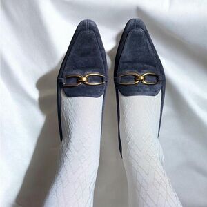 Veronica Beard Shoes 8.5 M Champlain Suede Chain Loafers Navy Leather Flats Soft